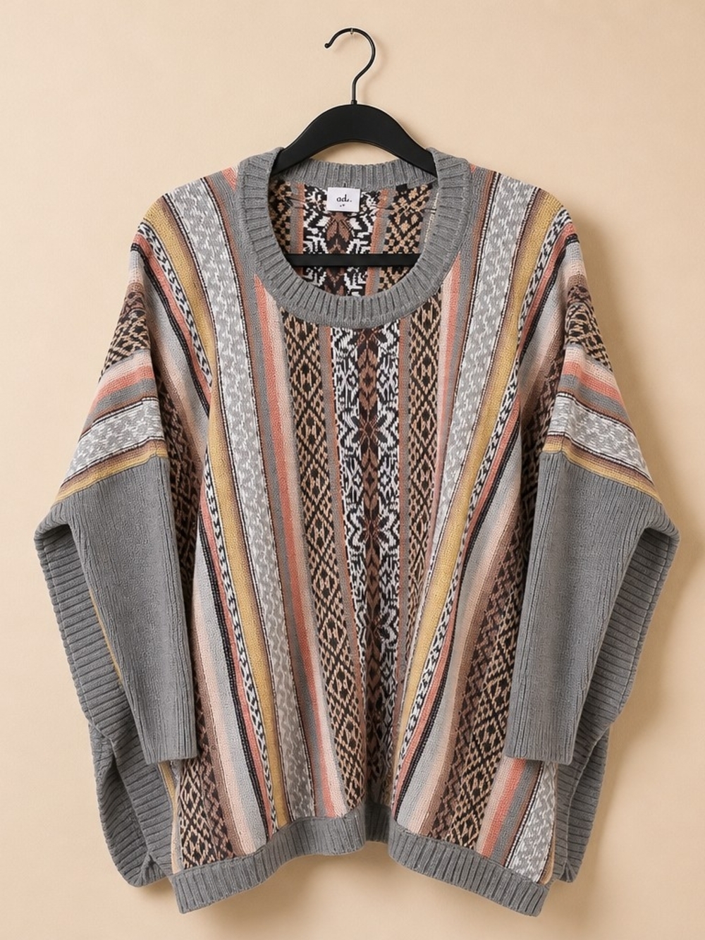 ad. Women's Boho Tribal Print Knit Poncho Sweaterad.